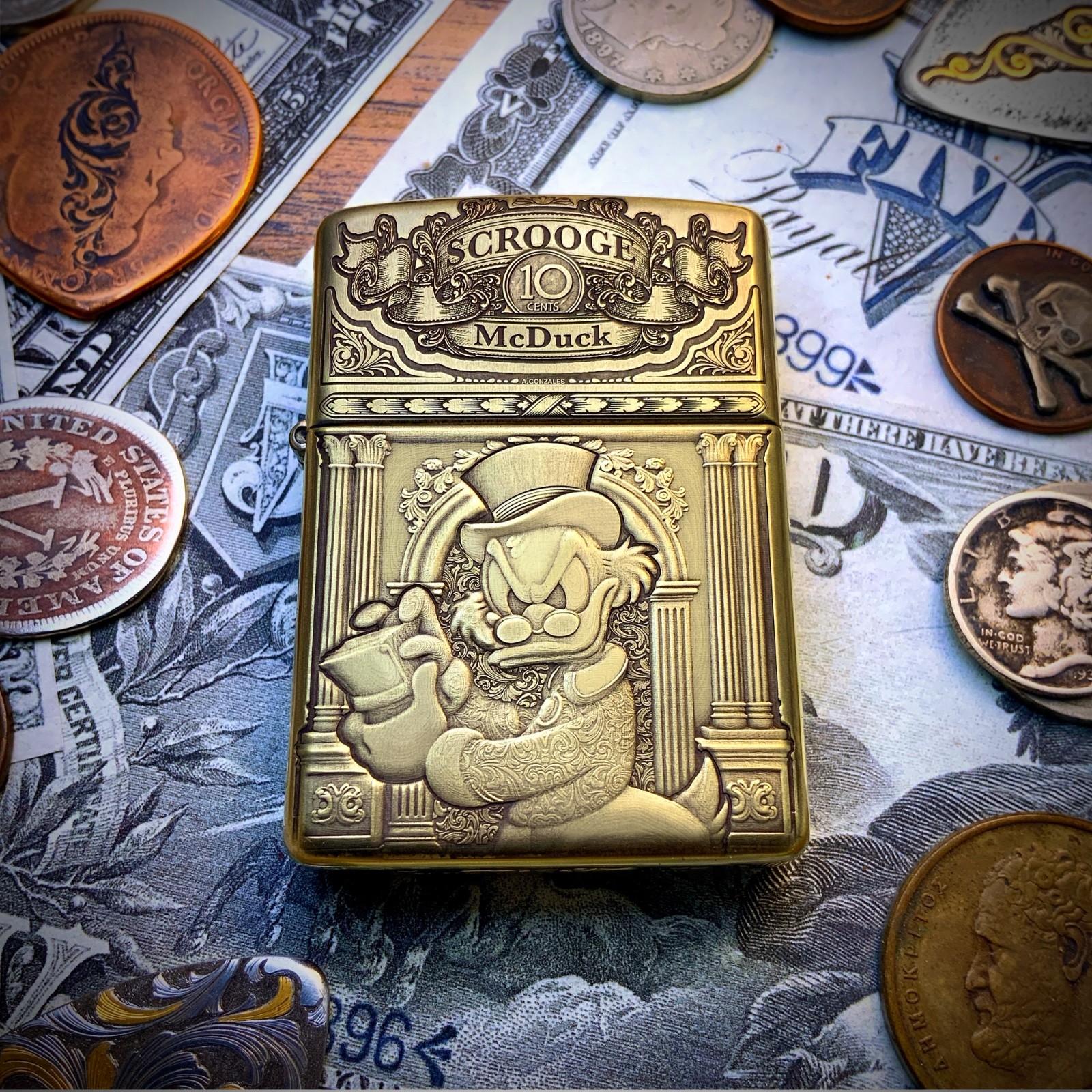 Zippo “Scrooge McDuck” Themed Engraved Brass Armor Cigarette Lighter Ebenezer