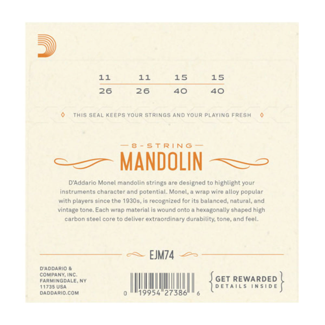 D'Addario EJM74 Monel Mandolin Strings; 8-String set loop end 11-40
