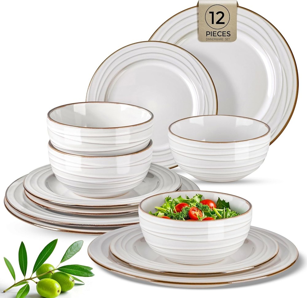 Ceramic Dinnerware Sets,12 pcs Embossed Elegant Stoneware Plates & Bowls Sets