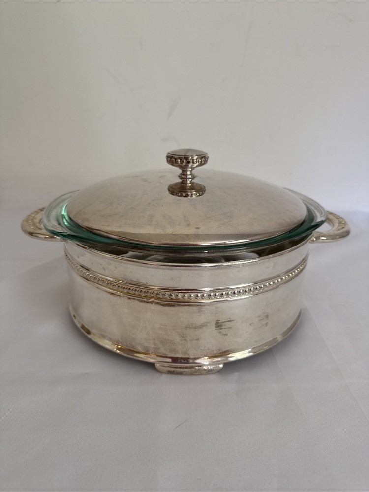 Vintage Reed & Barton Silver-Plated Covered Casserole with Pyrex Insert Pearls