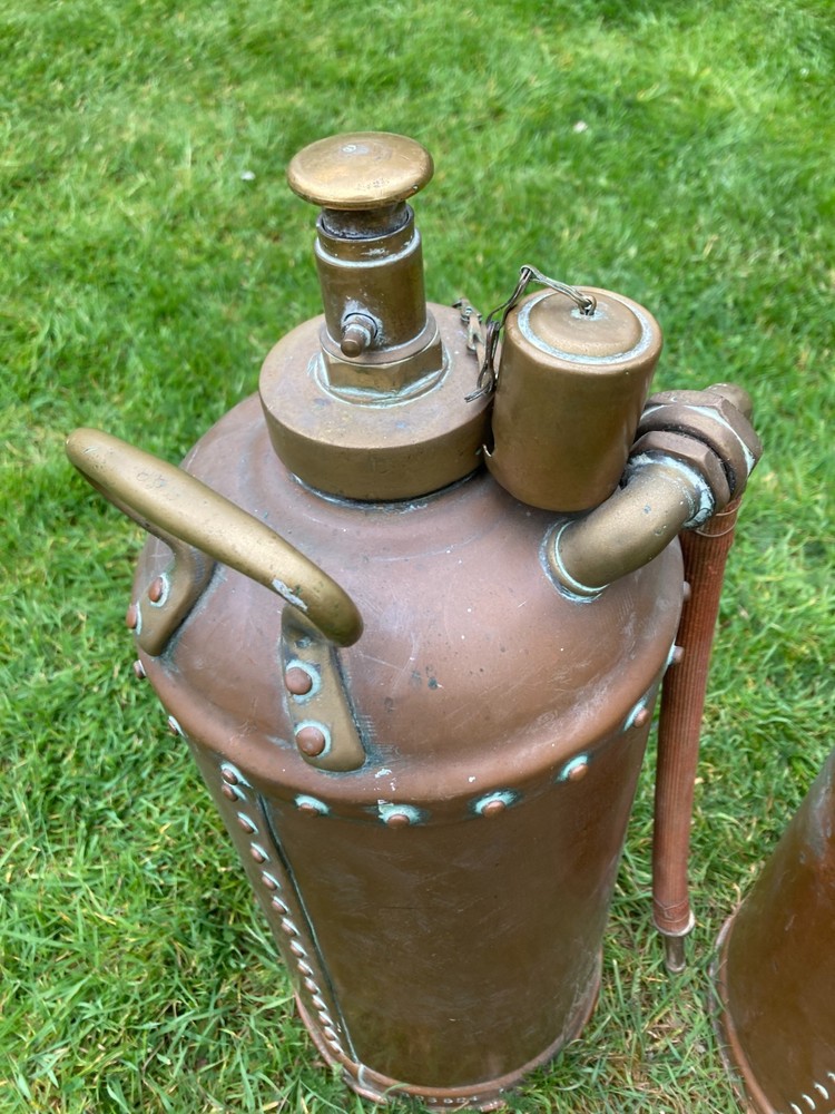 ANTIQUE BRASS & COPPER RIVETED FIRE EXTINGUISHERS possibly marine ,rare , empty