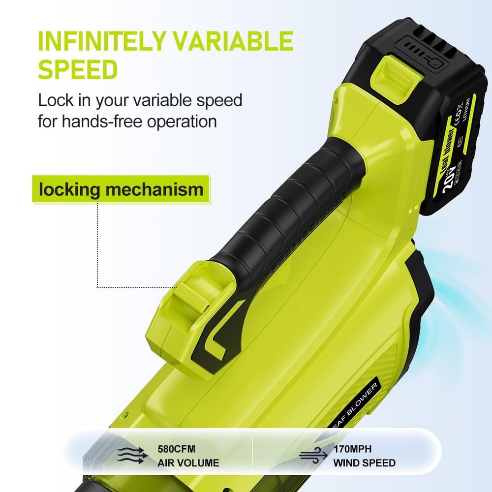Cordless Leaf Blower 580CFM Stepless Variable Speed Battery Powered Leaf Blow...