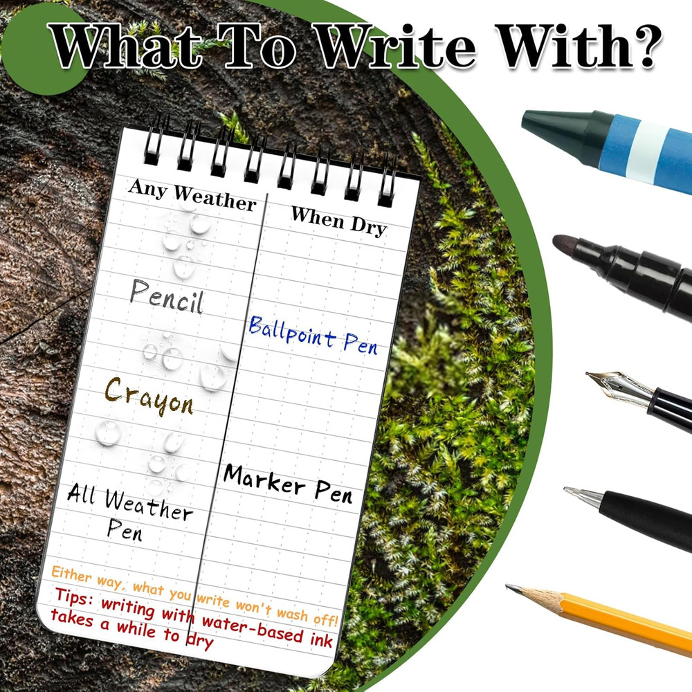 Waterproof Notebook, 4 Pack Top-Spiral Pocket Notepad, 3" X 5" Weatherproof Note