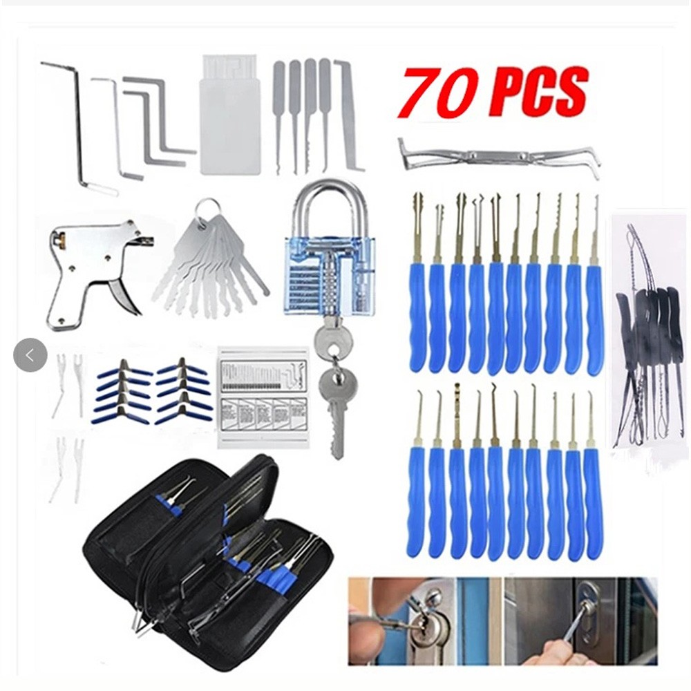 70Pcs Pick Set with Clear Lock for Locksmith Practice Stainless Steel