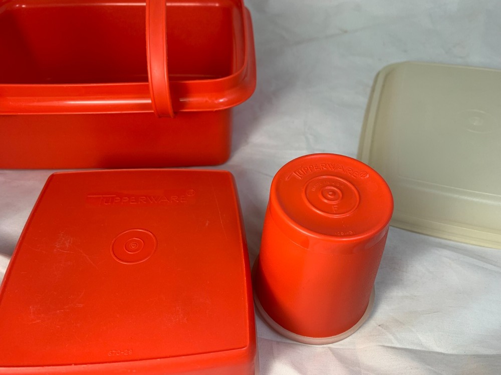 Vintage Red Tupperware Handled Lunch Box with sandwich