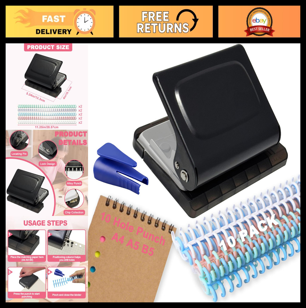 10 Hole Punch Binding Machine, Manual Planner Binder System, 10 Multi-Color Ring