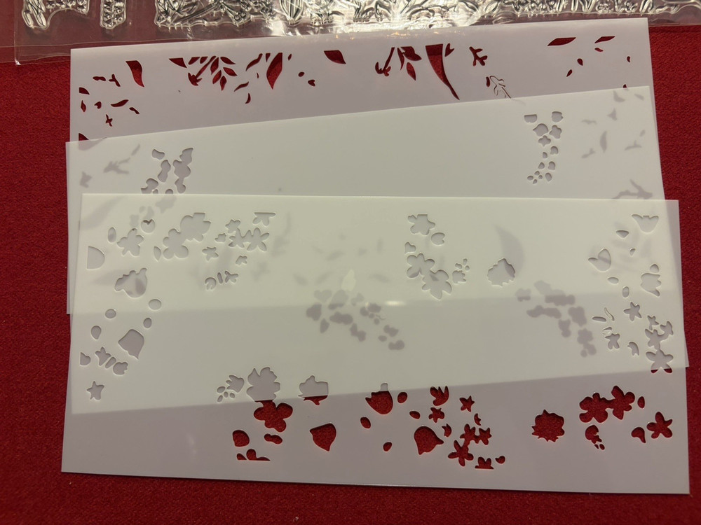 Slimline stamp with coordinating die and 3 stencil set