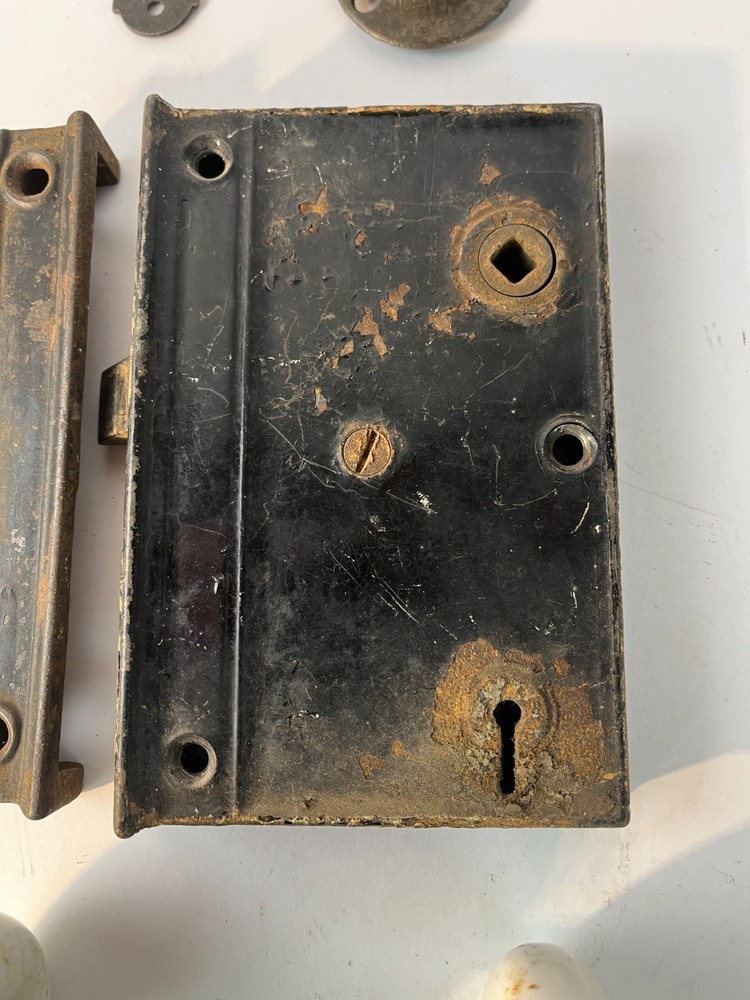Vintage Mortise Lock Skeleton Key Catch Porcelain Knobs Spindle Escutcheon