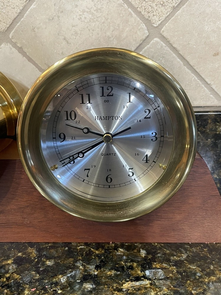 Hampton Ship Clock And Barometer Set On Wooden Base Working No Chime