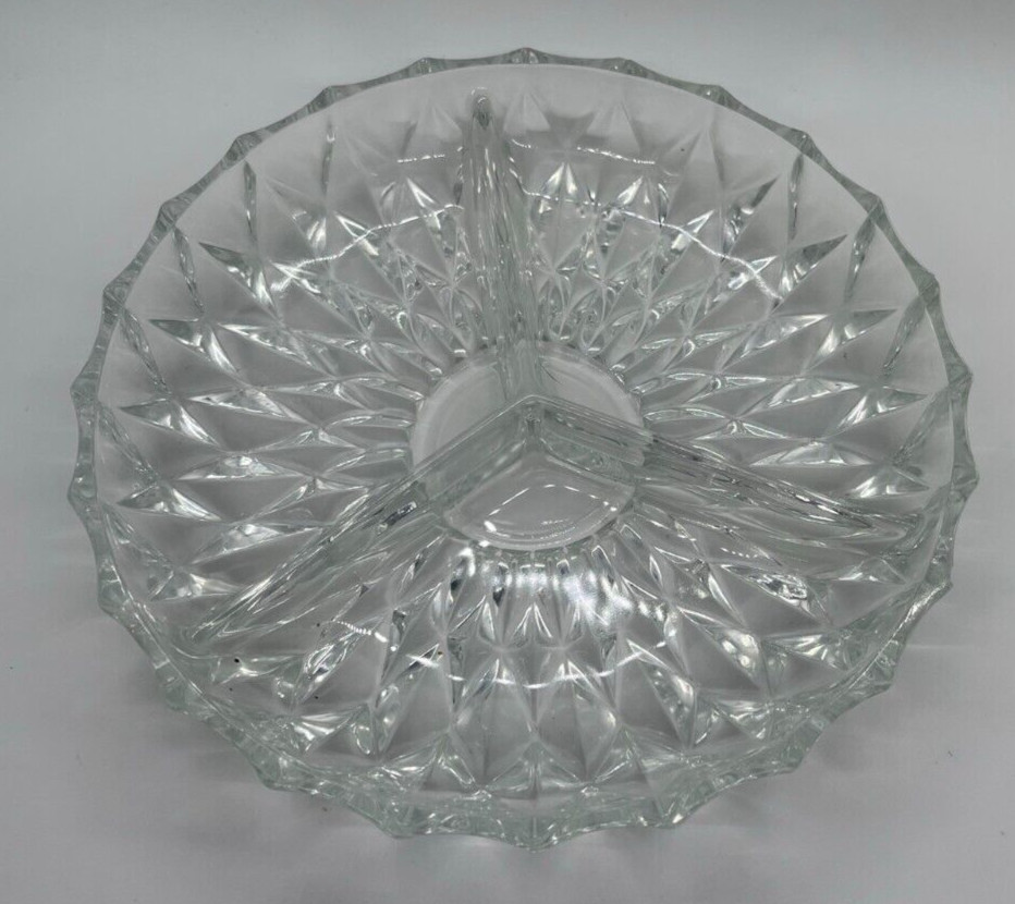 Clear glass Divided diamond point pattern candy dish Holiday Snack Tray Dish