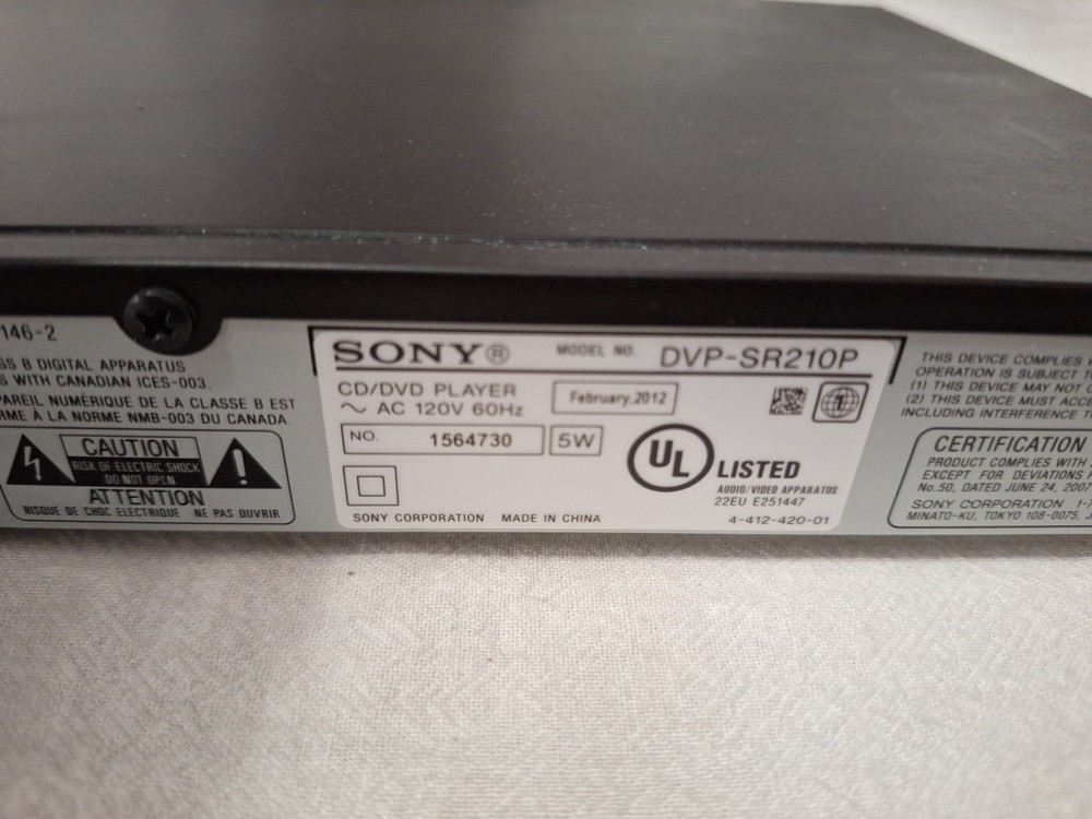 Sony DVP-SR210P DVD/CD Player Working With Remote RMT D197A