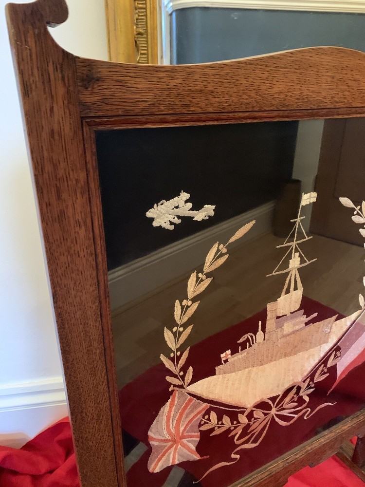 Oak Firescreen Framed Royal Navy Dreadnought Sailors Woolwork or Woolie (c.1914)