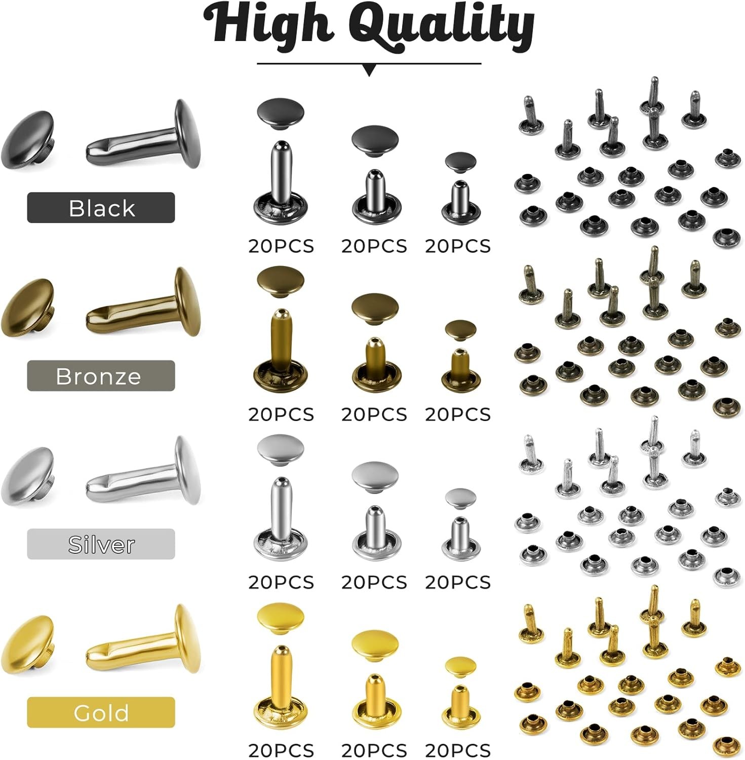 240 Sets Leather Rivets Kit, Double Cap Brass Rivets Leather Studs with 3PCS Set
