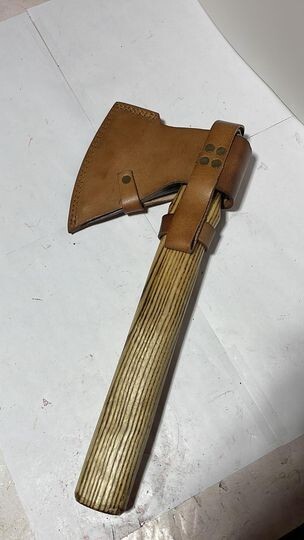 Custom Connie Bay pattern damascus throwing hatchet with sheath!