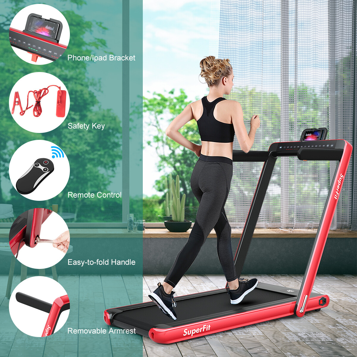 2 in 1 Folding Treadmill 2.25HP Running Machine w/ Dual Display Red