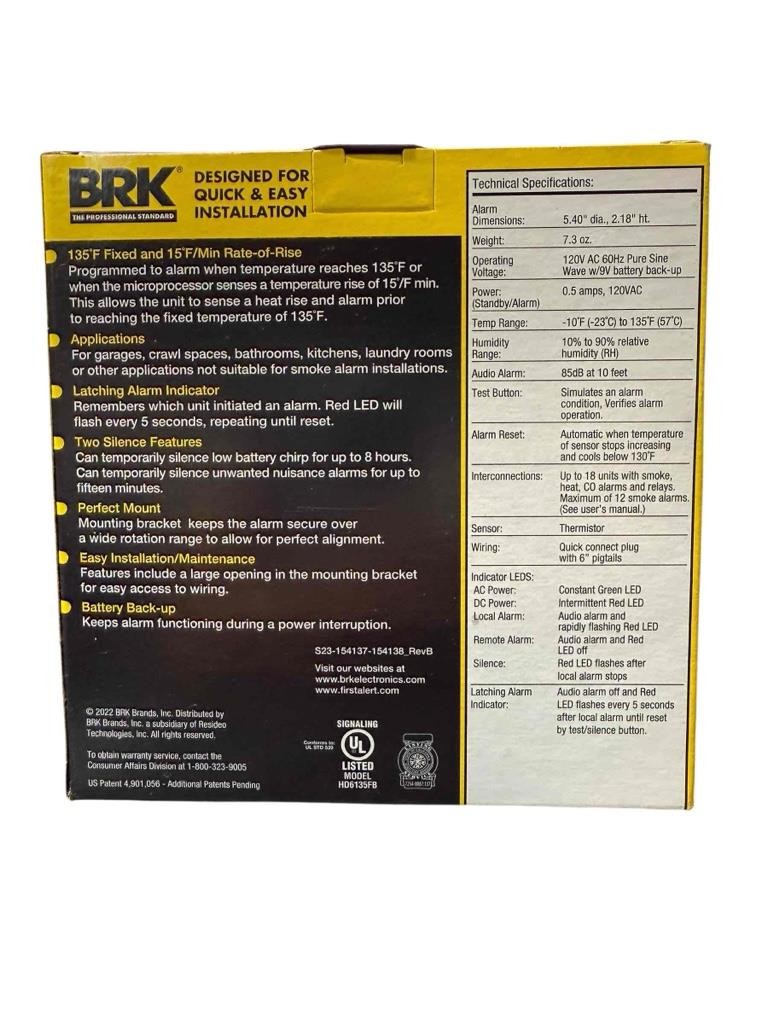NEW BRK Heat Alarm Rate Of Rise AC Powered With Battery Back-up HD6135FB
