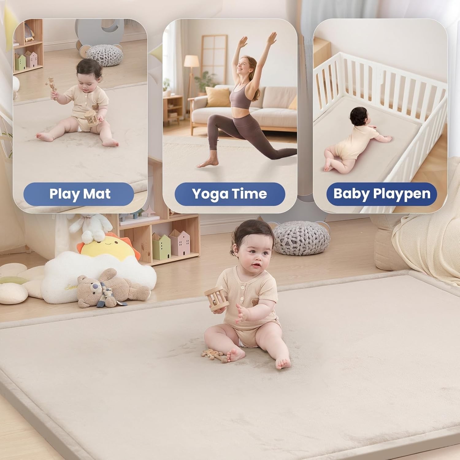 Baby Play Mat for Floor, 79"L x 59"W 1.3" Thick Memory Foam beige