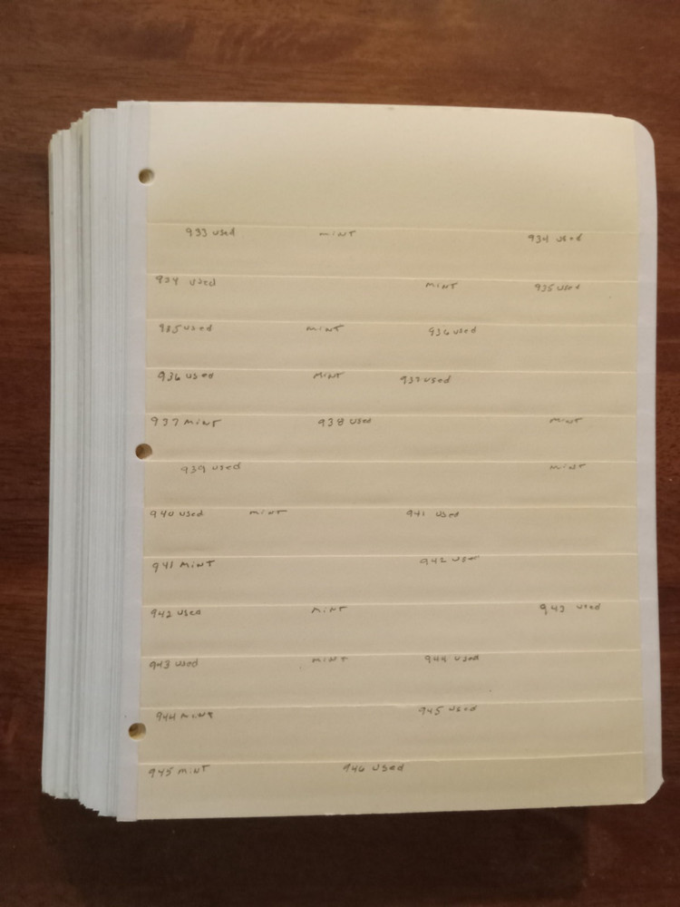 30 MANILA STAMP STOCK PAGES - 3 RING/ 12 ROWS - WELL LABLED FROM #933 TO #1578