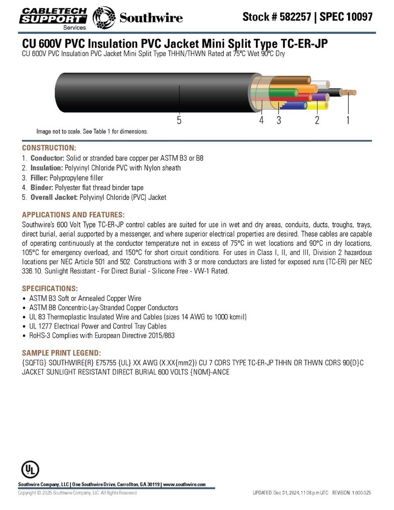 Southwire 14/4C Power/Control Tray Cable TC-ER-JP Direct Burial Mini-Split /25ft
