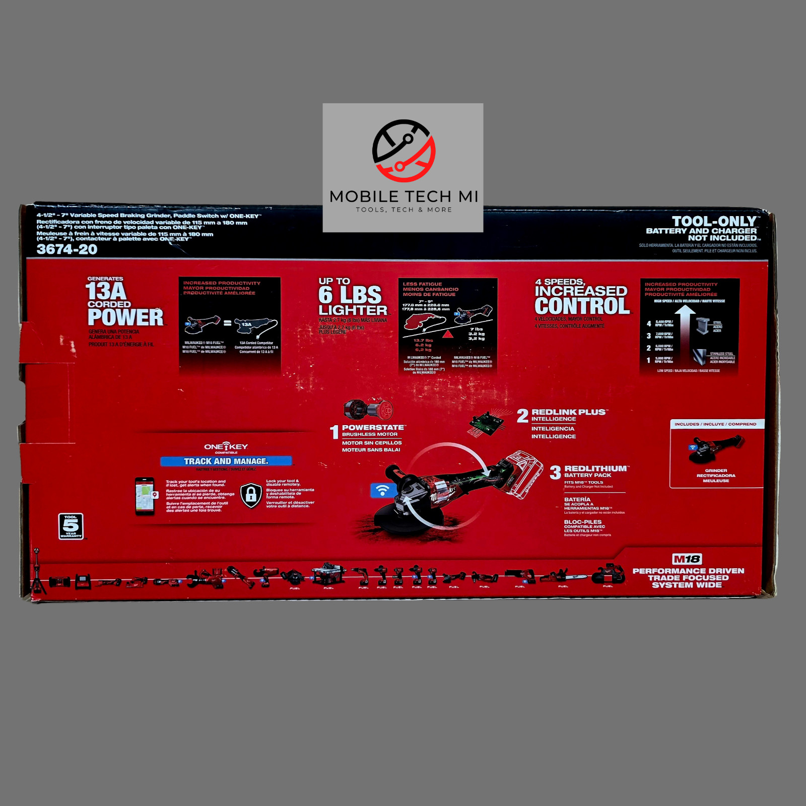 Milwaukee M18 FUEL 3674-20 4-1/2" - 7" Variable Speed Braking Grinder ONE-KEY