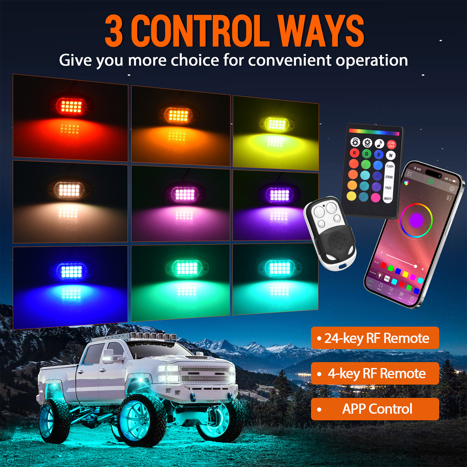 12 Pods RGB LED Rock Lights, 3 Control Way Bluetooth Remote & Fob Underbody Lamp