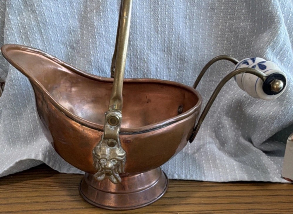 Copper Small  Coal Scuttle with Brass and Ceramic Handles