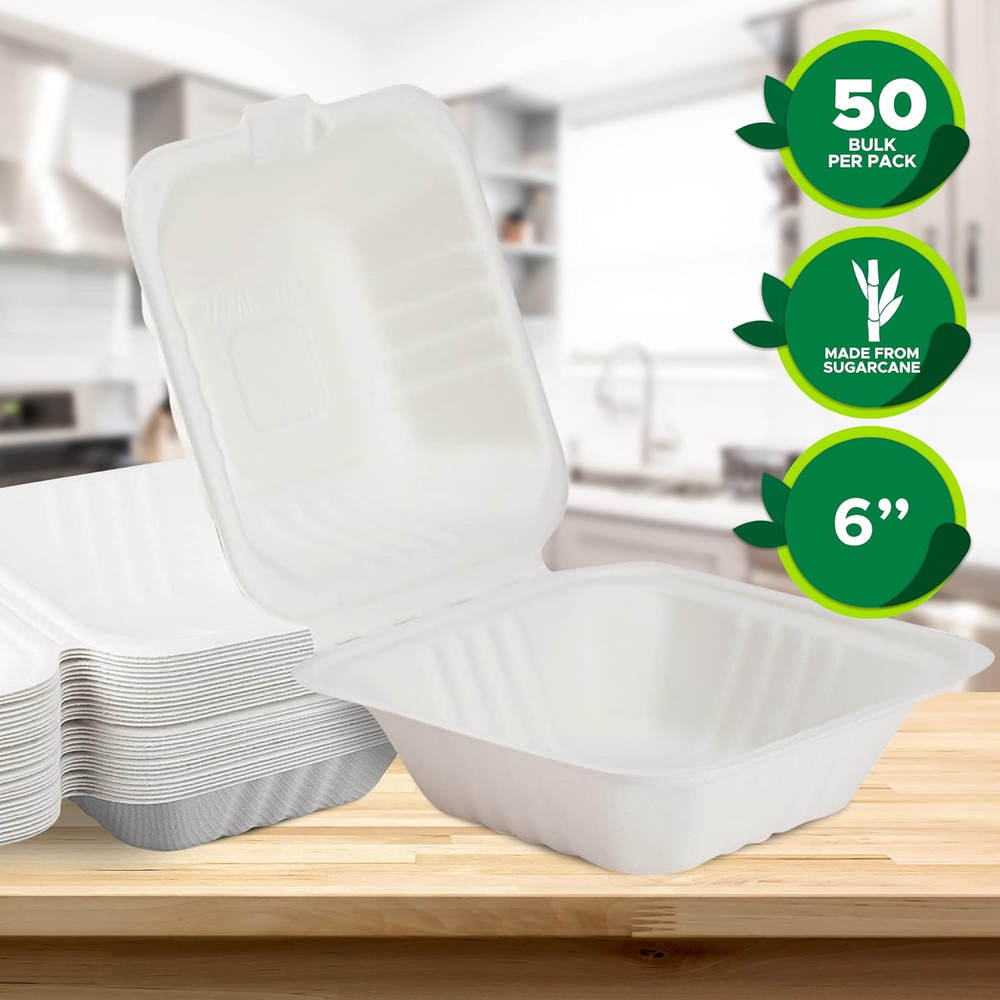 50-Pack 6X6 Biodegradable Bento Box Hamburger Containers, Compostable Small Take