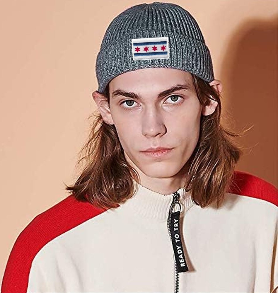 Chicago Flag Patch Cuffed Ribbed Beanie Hat White Border Mix Grey