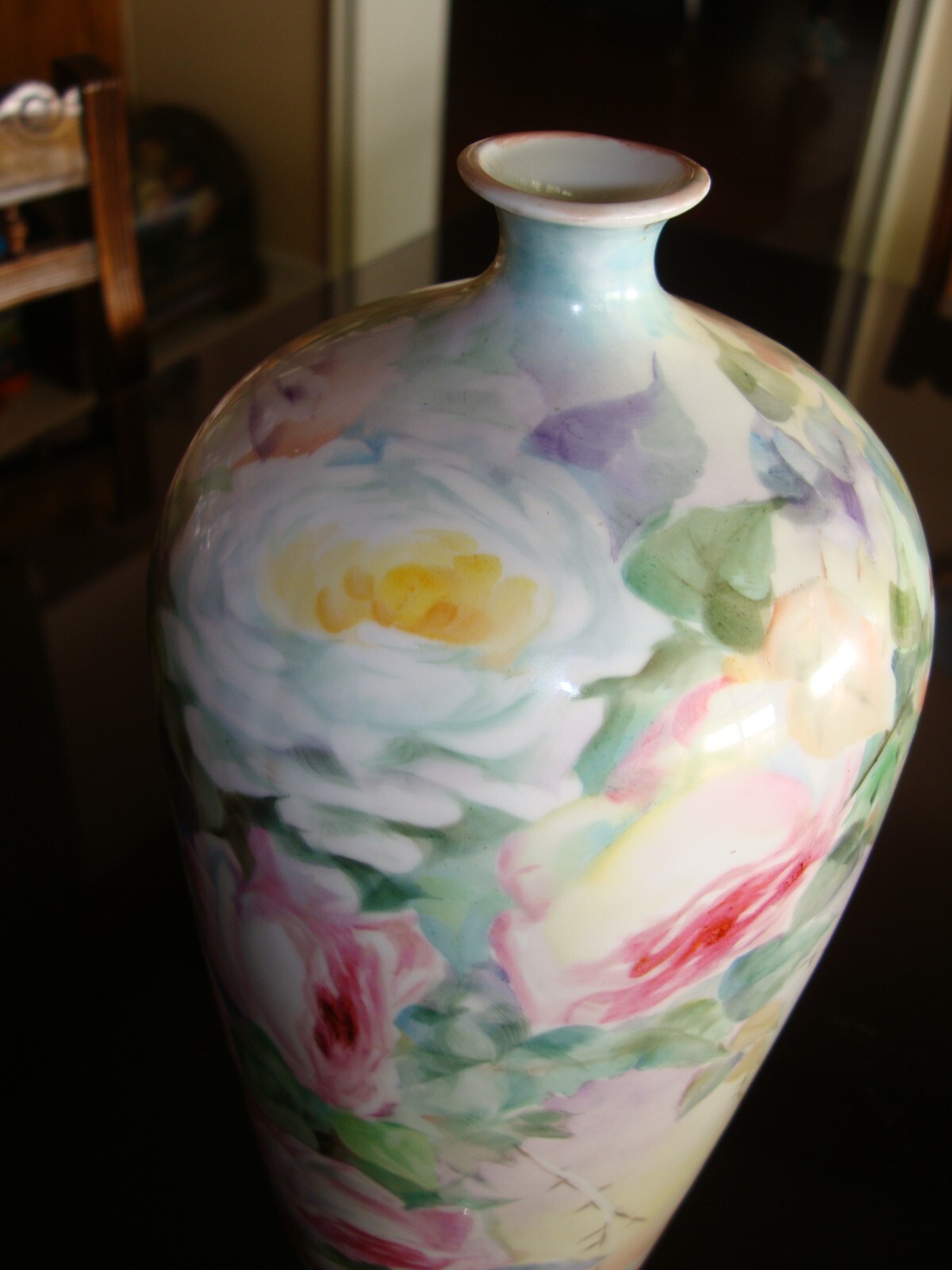 ANTIQUE HOHENZOLLERN GERMANY LARGE 14" HAND PAINTED PORCELAIN VASE, PINK ROSES