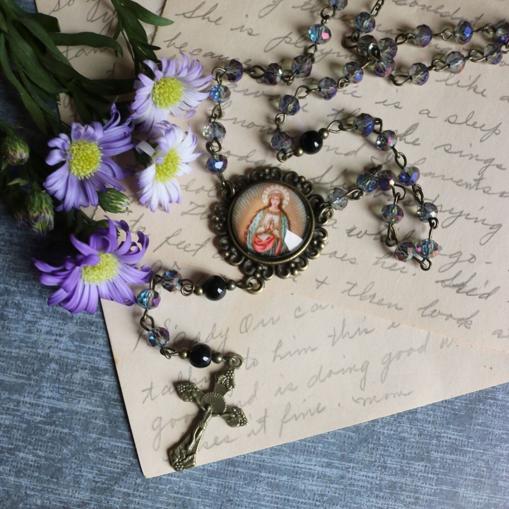 Bronze Glass Beaded Rosary - Blue Accent Beads - Catholic