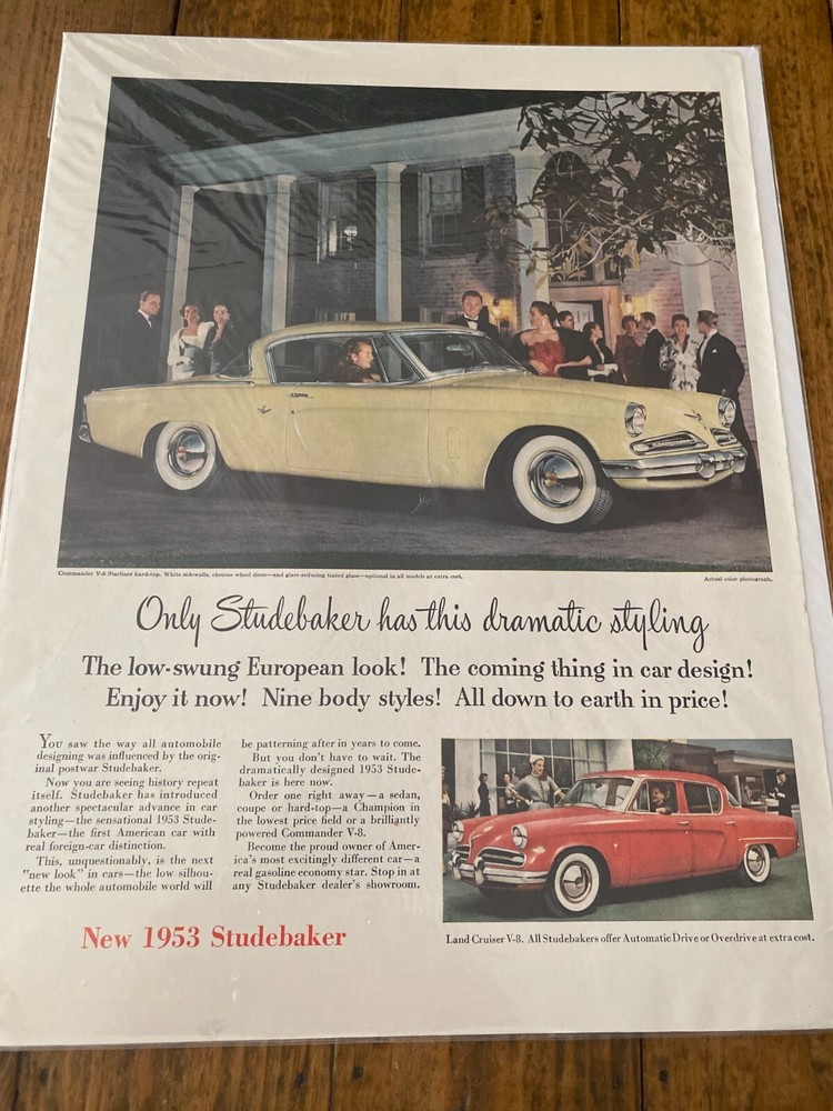 Vintage 1953 Studebaker Dramatic Styling Car Auto ad
