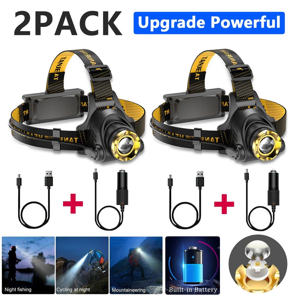 2x 12000000lm LED Headlamp USB Rechargeable Headlight Head Torch Lamp Flashlight