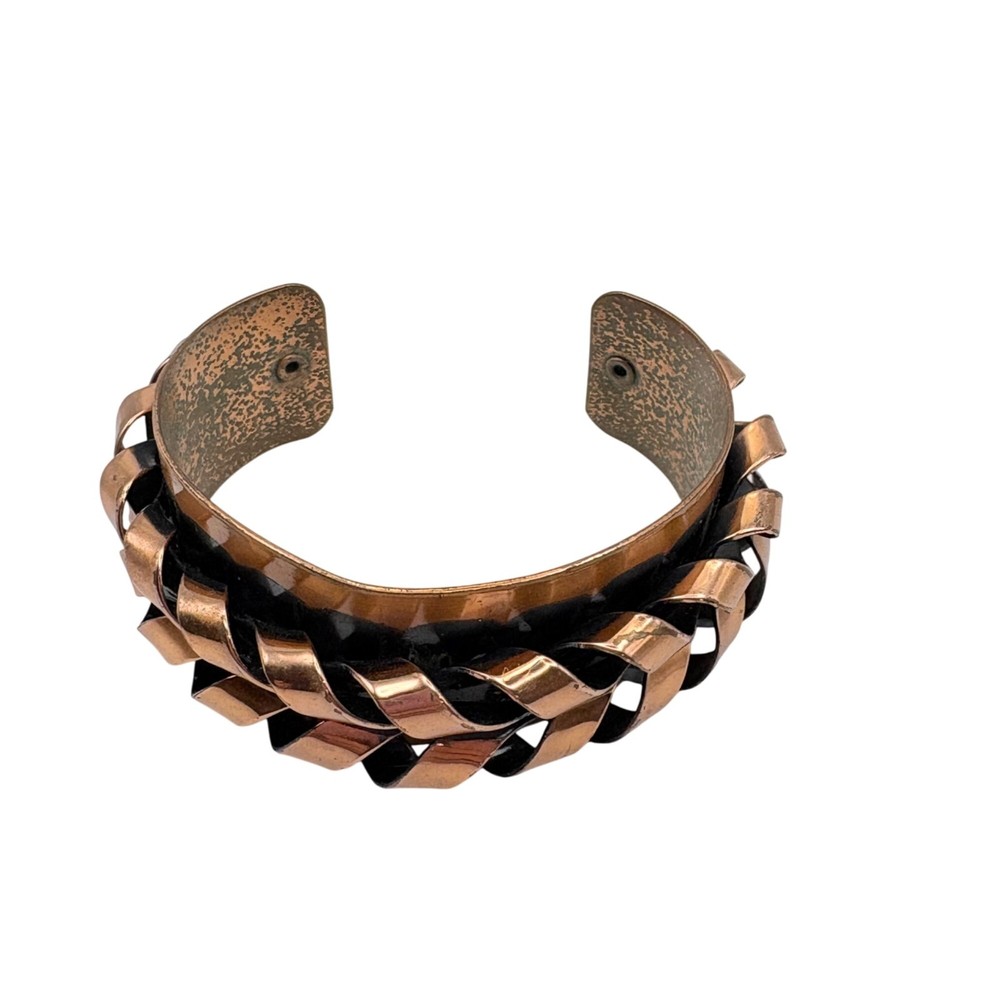Vintage Copper & Black Woven Chain Cuff Bracelet Adjustable Boho Chic Statement