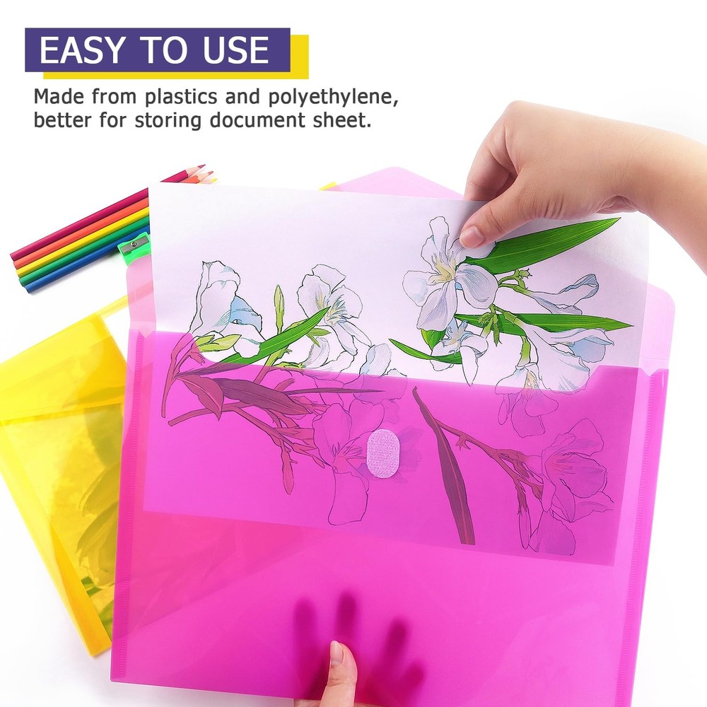 6 PCS Plastic File Folders Envelopes for Documents, School Office Reusable