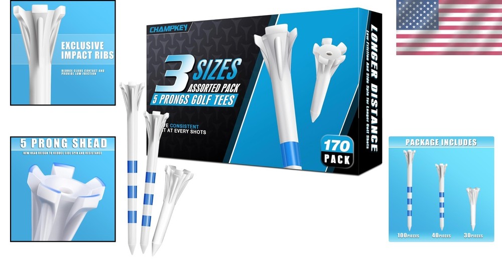 Professional 170 Pack 5-Prong Plastic Golf Tees 3 Sizes Assorted Pack - 100 P...