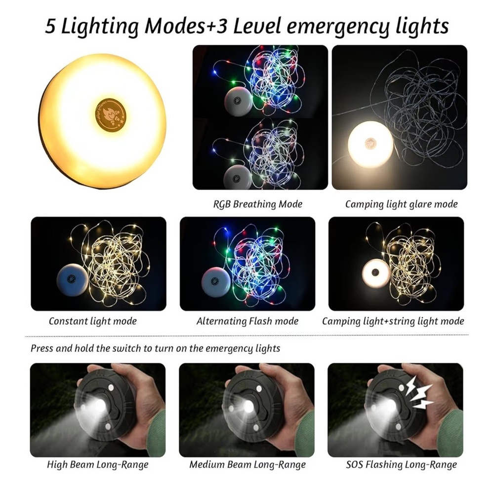 Camping String Lights, 32.8ft Portable Outdoor String Lights with 8 Lighting B1