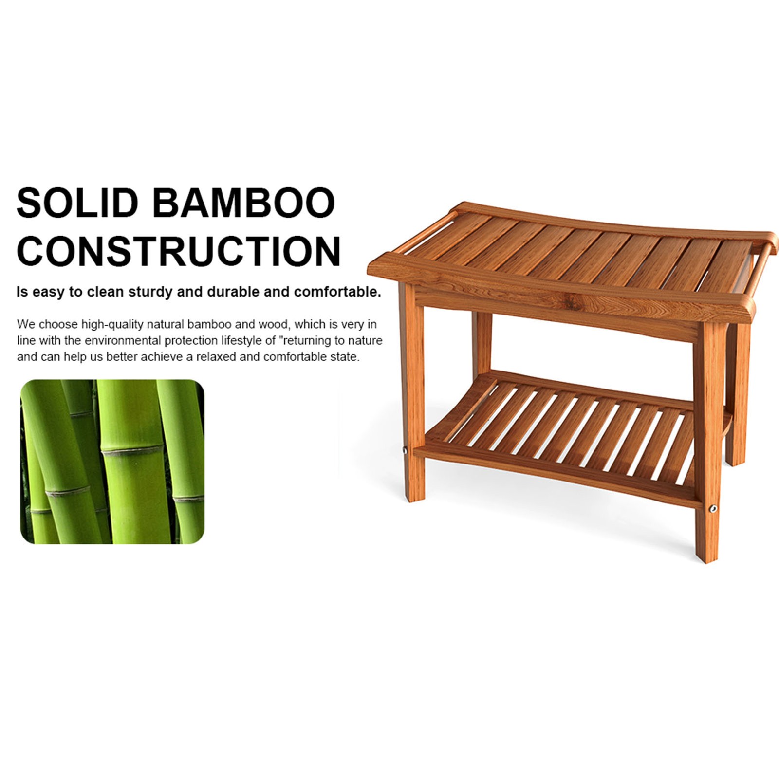 Shower Bench Wood Water Proof Ergonomic Shower Stool With Storage Shelf FKRT