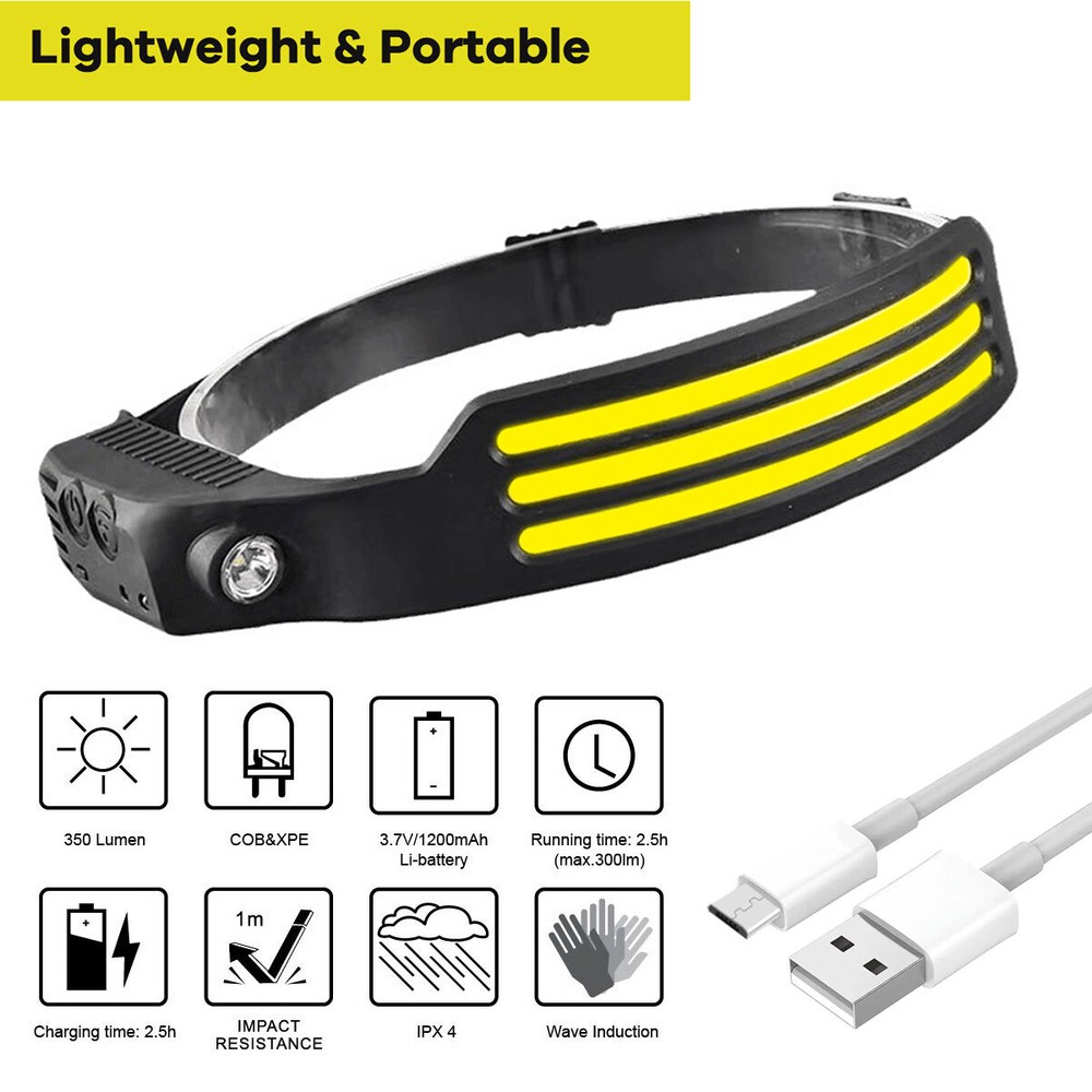 3 Bar COB LED Headlamp USB Rechargeable Headlight Band Head Torch Work Light
