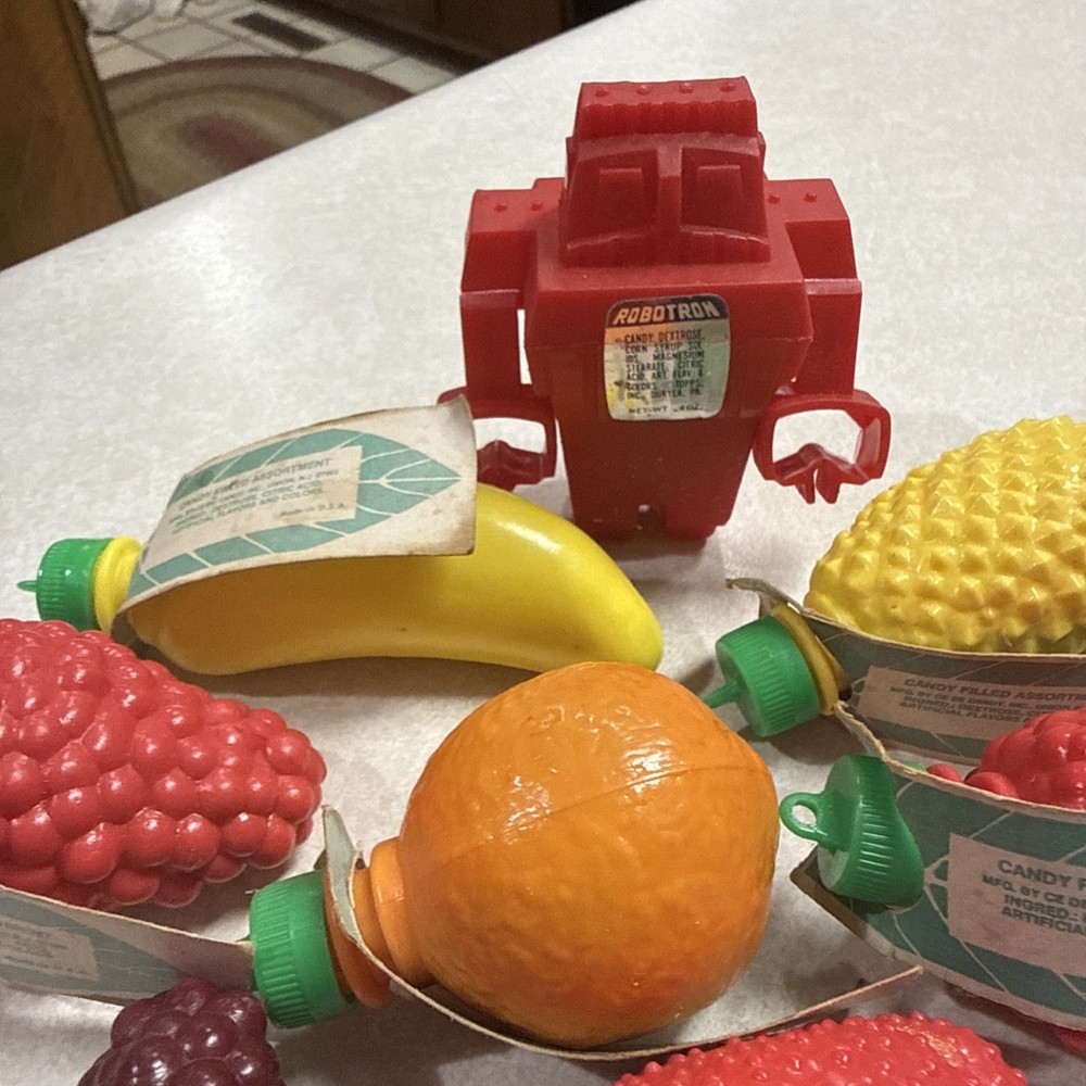 Vintage Candy Containers Fruit Shaped Robot-Candy Containers W/ Leaf Labels New