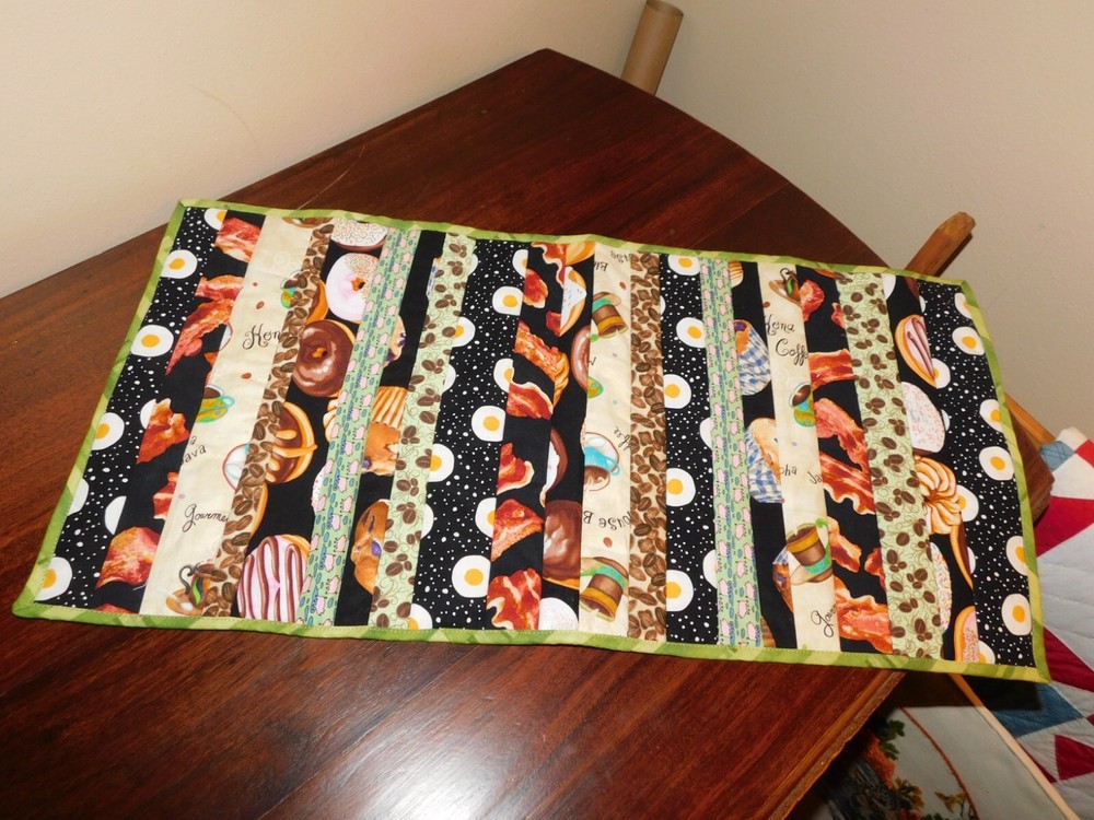 Breakfast Handmade Quilt Panel Table Runner Pieced Strips Coffee Eggs Bacon