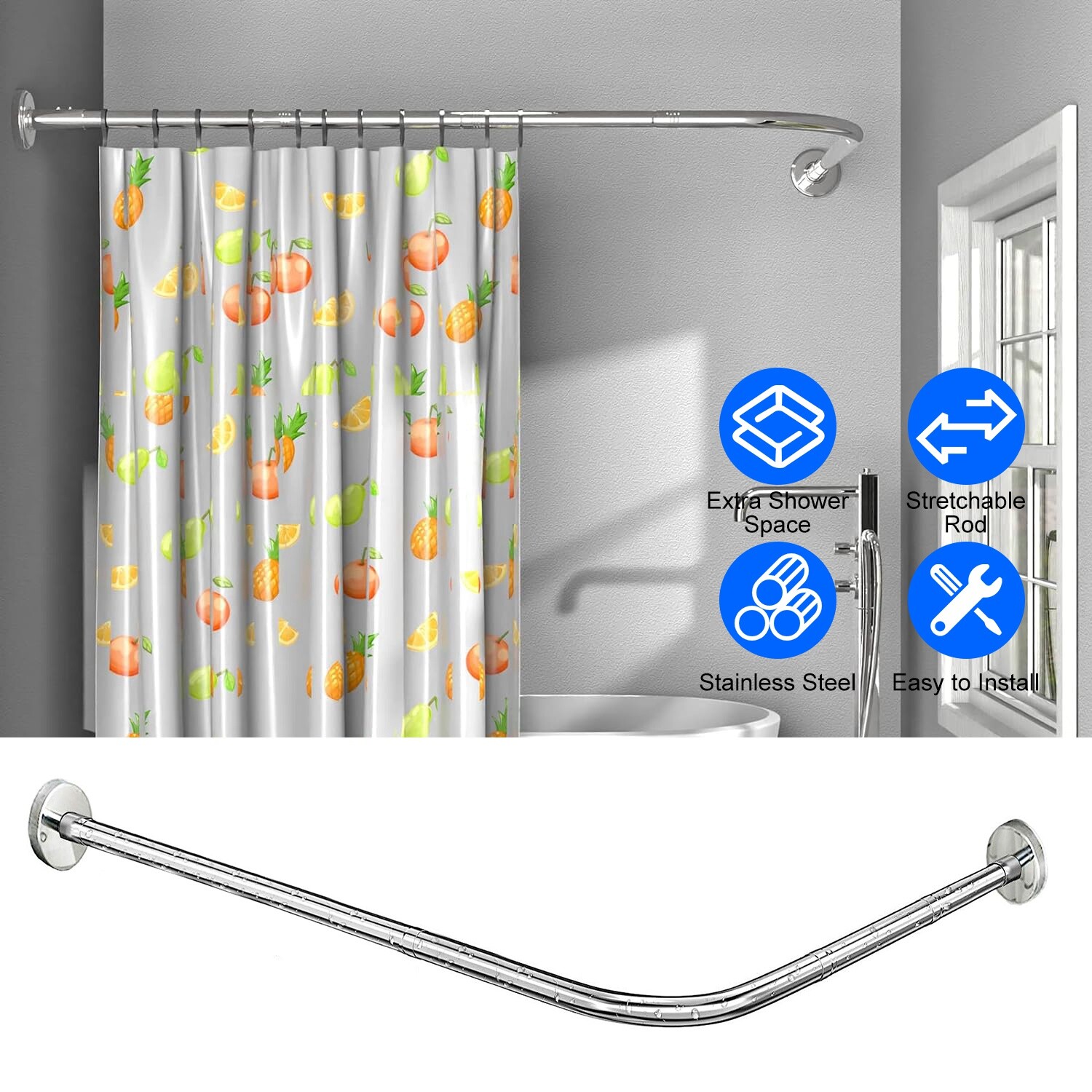 Adjustable Shower Curtain Rod Stainless Steel L Shaped for Bathroom Corner Rack