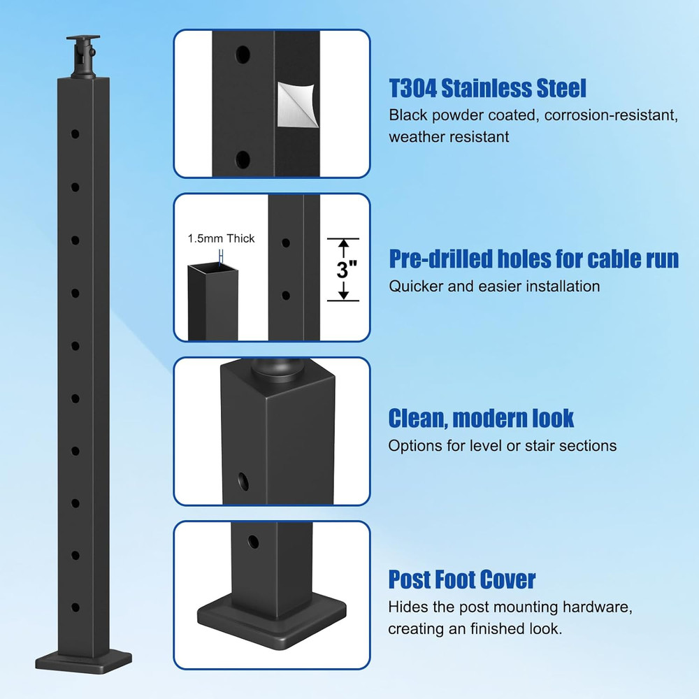 36" Black Cable Railing Post Kit - Adjustable Surface Mount, 2 Level Posts