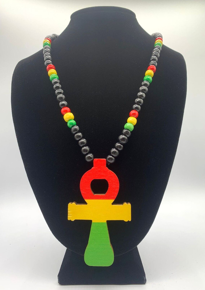wooden ankh cross necklace rasta colors Egyptian protection religion beads