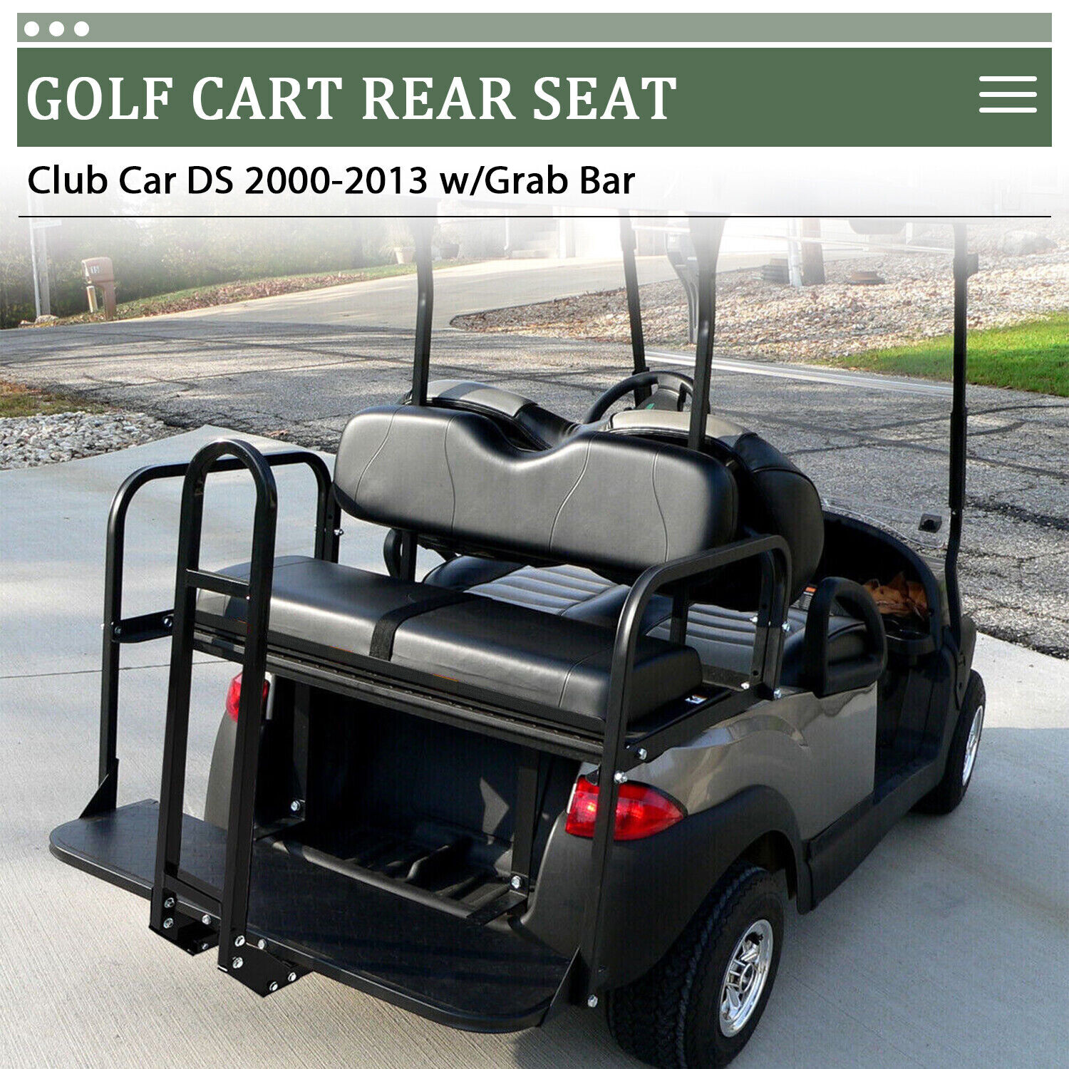 Black Folding Rear Flip Seat Kit w/Grab Bar for Golf Cart Club Car DS 2000-2013