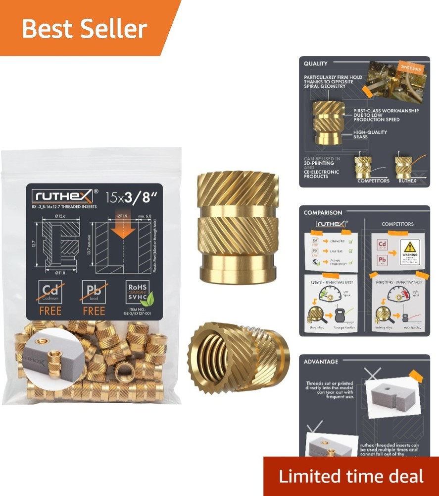 3/8"-16 Threaded Inserts: 15 Brass Nuts for Stable Heat Embedding in Plastics