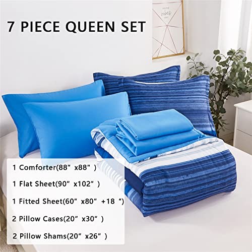 7 Piece Bed in a Bag Stripe Comforter Set Queen Size, White and Blue Patchwork