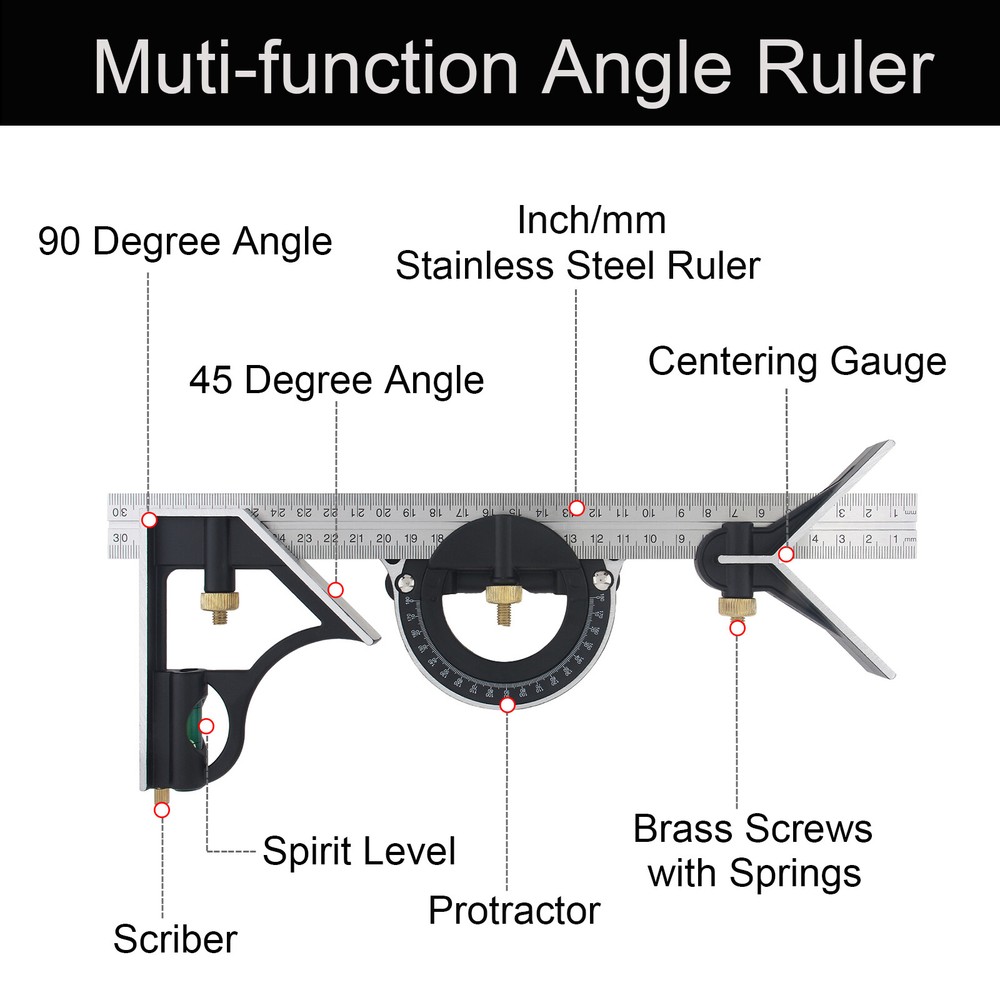 12 Inch Adjustable Sliding 90 Degree Angle Ruler Multi-Function Combination