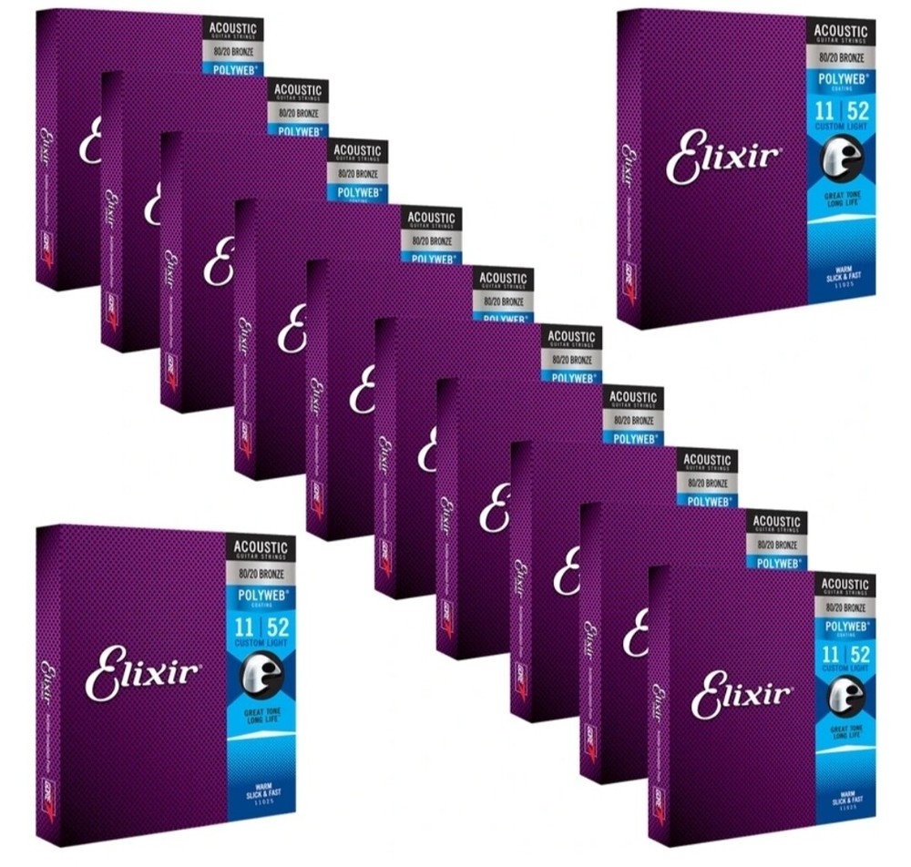 12 Sets Elixir  Custom Light Polyweb Acoustic Guitar Strings 11-52 11025