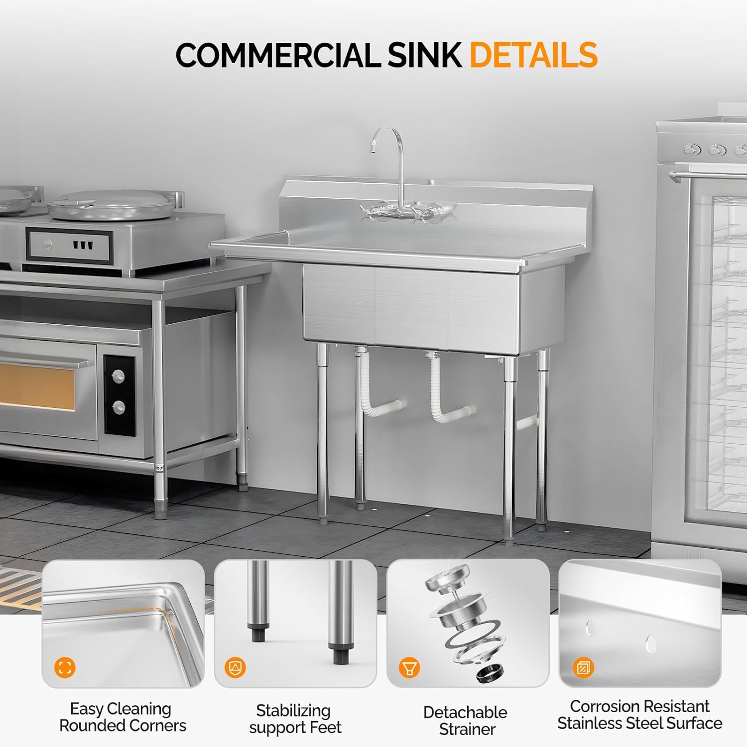 Commercial Sink, Stainless Steel with 3 Compartment and Left Side Drainboard NEW