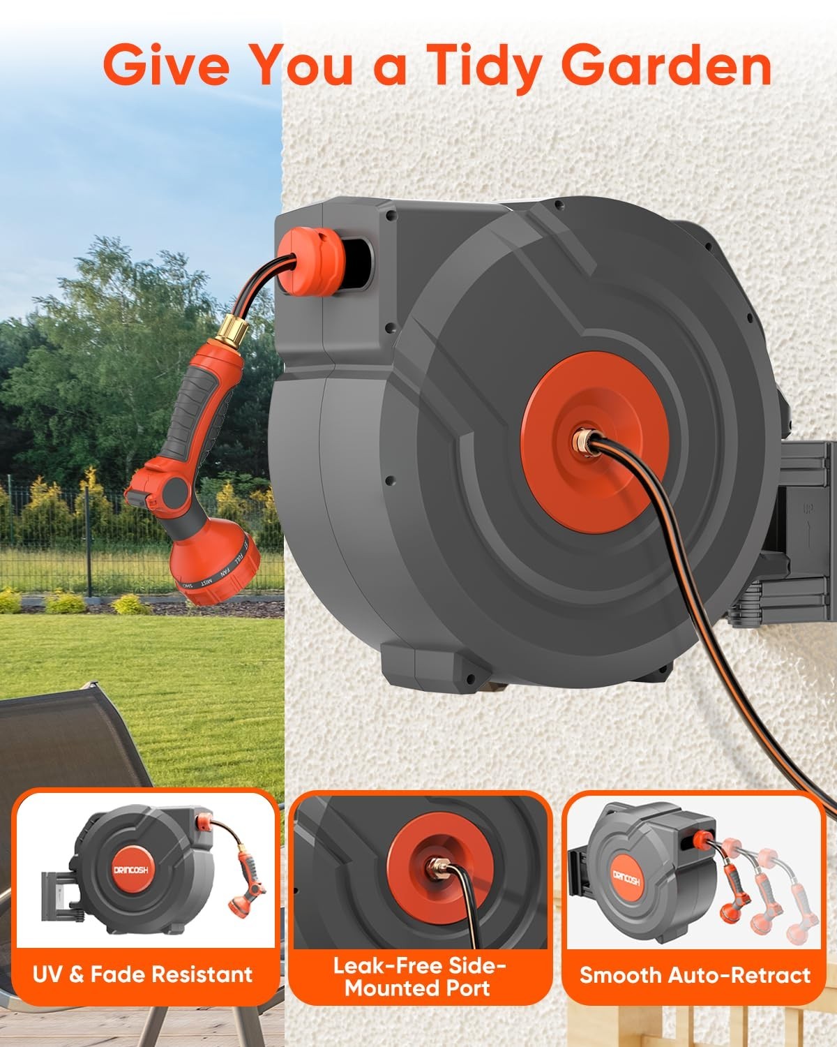 DRINCOSH Retractable Garden Hose Reel 1/2 inch x 100 ft Wall Mounted Garden Hose